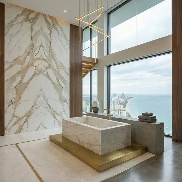 Design concept for a bathroom updating project: marble surfaces, brass accents and an ocean view